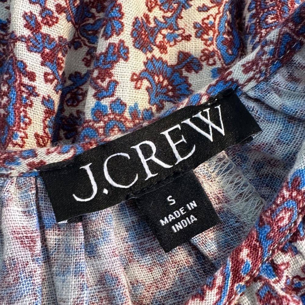 J. Crew Palermo Linen Smocked Waist Dress Size S Blue Red Floral Bouquet Cottage - Picture 8 of 10